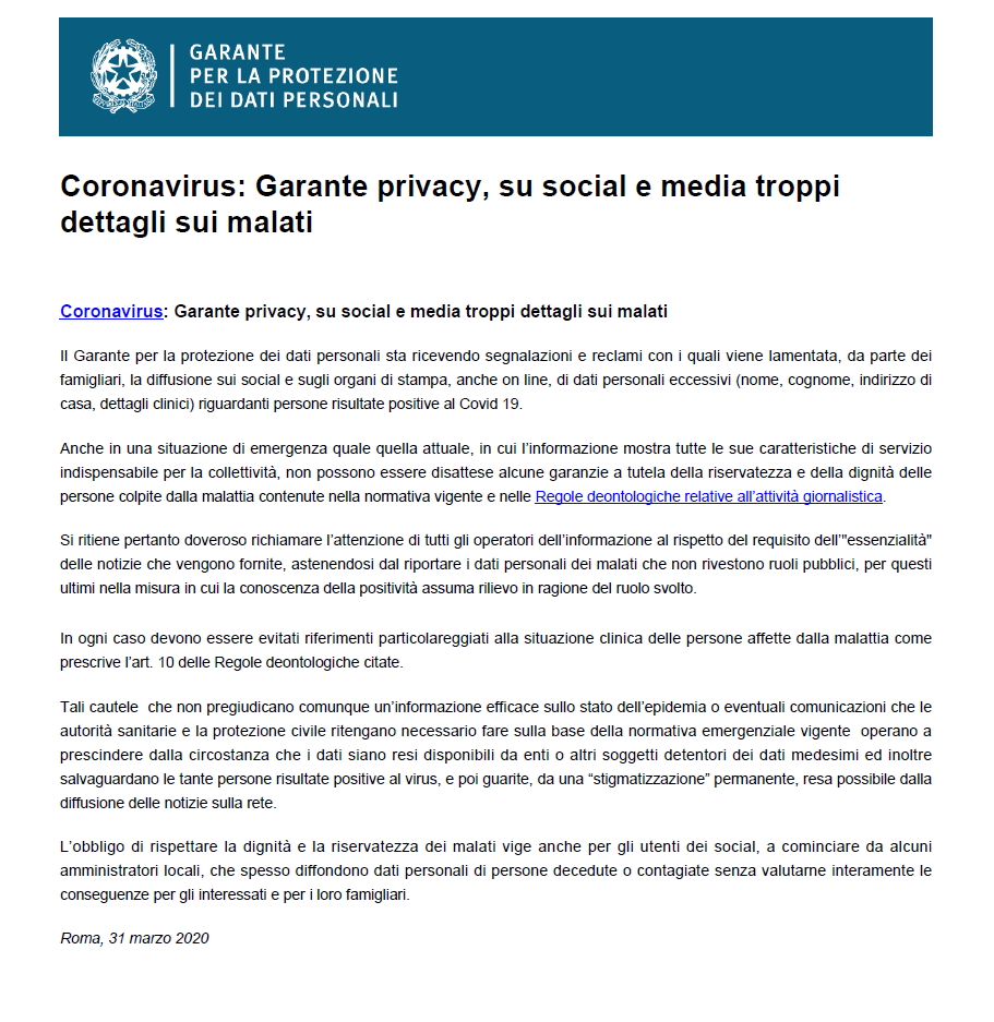 Garante privacy, su social e media troppi dettagli sui malati