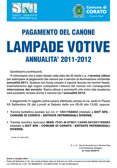 Pagamento del canone lampade votive annualit 2011-2012