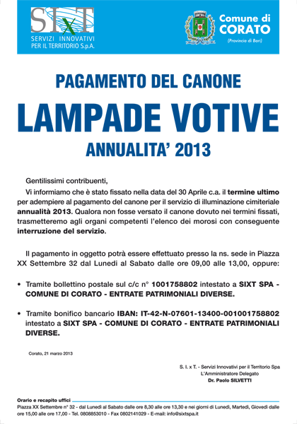 Canone lampade votive 2013